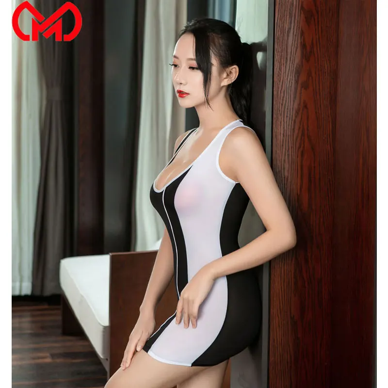 

Women Tight Pencil Cute Dress Ice Silk Patchwork Sheer See Through Bandage Micro Sexy Mini Dress Stage Wear Balck White F15