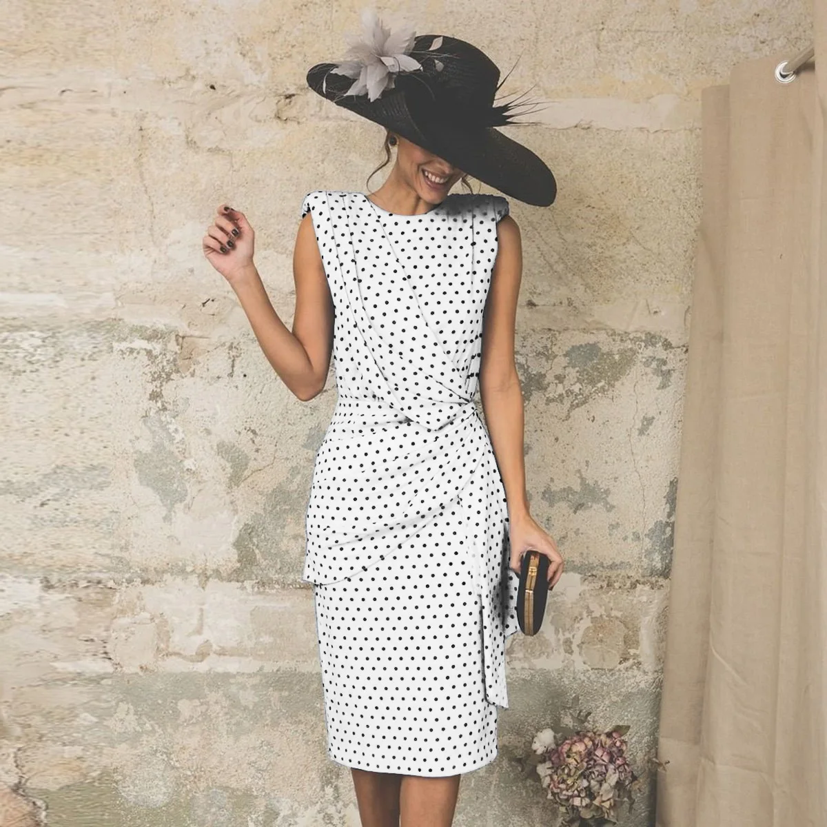 

Vintage Bodycon Dress Women Party Polka Dot Tight Ruched Elegant Ladies 2019 Summer Midi Dresses