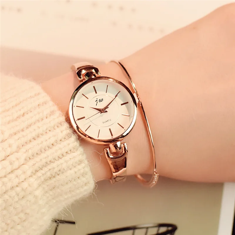 Простые Серебряные женские часы-браслет с тонким ремешком из нержавеющей стали высококачественные Женские кварцевые наручные часы Подарки Часы - Цвет: Gold white