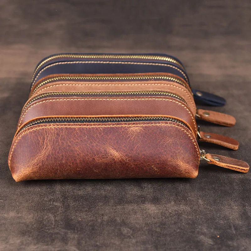 

Vintage Handmade Cowhide Pencil Case Genuine Leather Pencilcase Pen Bag Retro Style Zipper Pen Case for Stationery Gift 2019 New