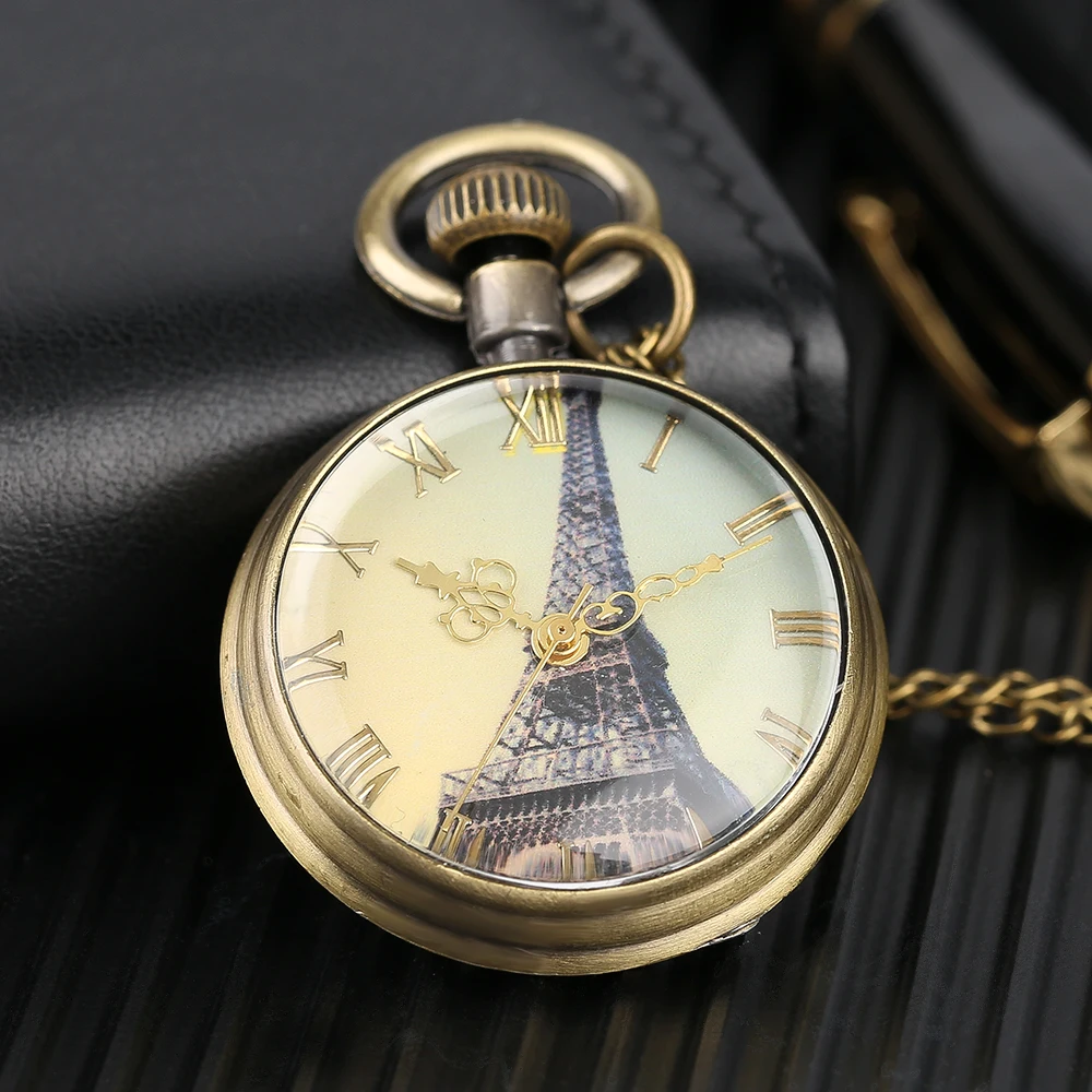 YISUYA Antique Eiffel Tower Dial Pocket Watch Men Theme Fashion Pocketwatch Kid Gift Skull Punk Open Face Quartz Watch Best Gift (10)
