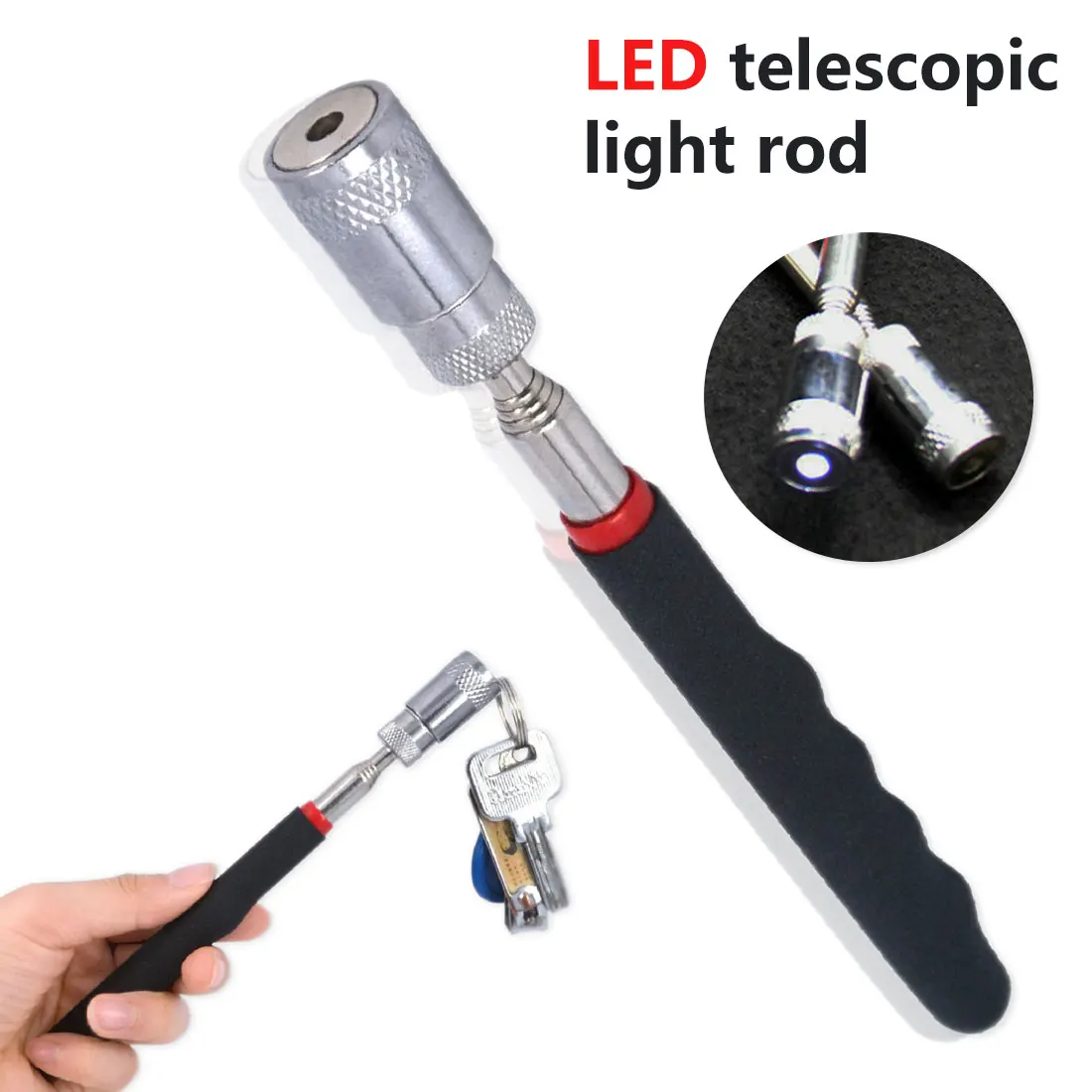 

Black Adjustable Length Magnetic Pick Up Rod Stick With LED Light Extending Magnet Portable Telescopic Rod Handheld Tool