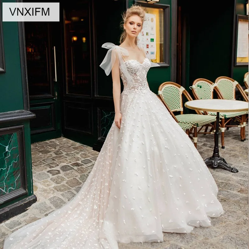

VNXIFM 2019 Beaded Pearls Tulle A-Line Boho Wedding Dresses Sweep Train Spaghetti Straps Beach Bridal Gowns Wedding Gowns
