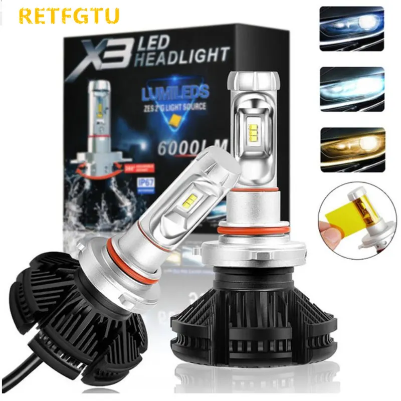 RETFGTU 2pcs X3 50W 6000LM H4 H7 светодиодный светильник для головы автомобиля 3000K/6500K/8000K ZES чип