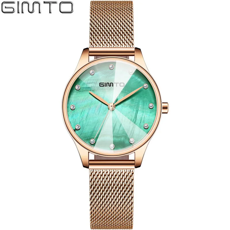 Модные женские часы GIMTO Роскошные Брендовые повседневные часы Стильные минимализм классические водонепроницаемые женские наручные часы подростковые часы - Цвет: rose gold green