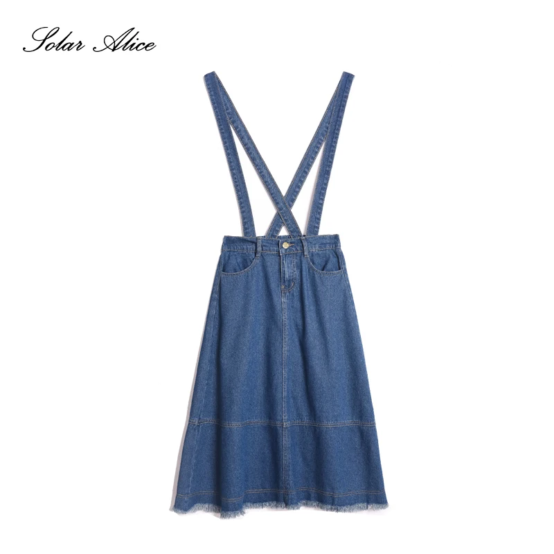 SOLAR ALICE Free Shipping Preppy Empire Solid Suspender Skirts Womens