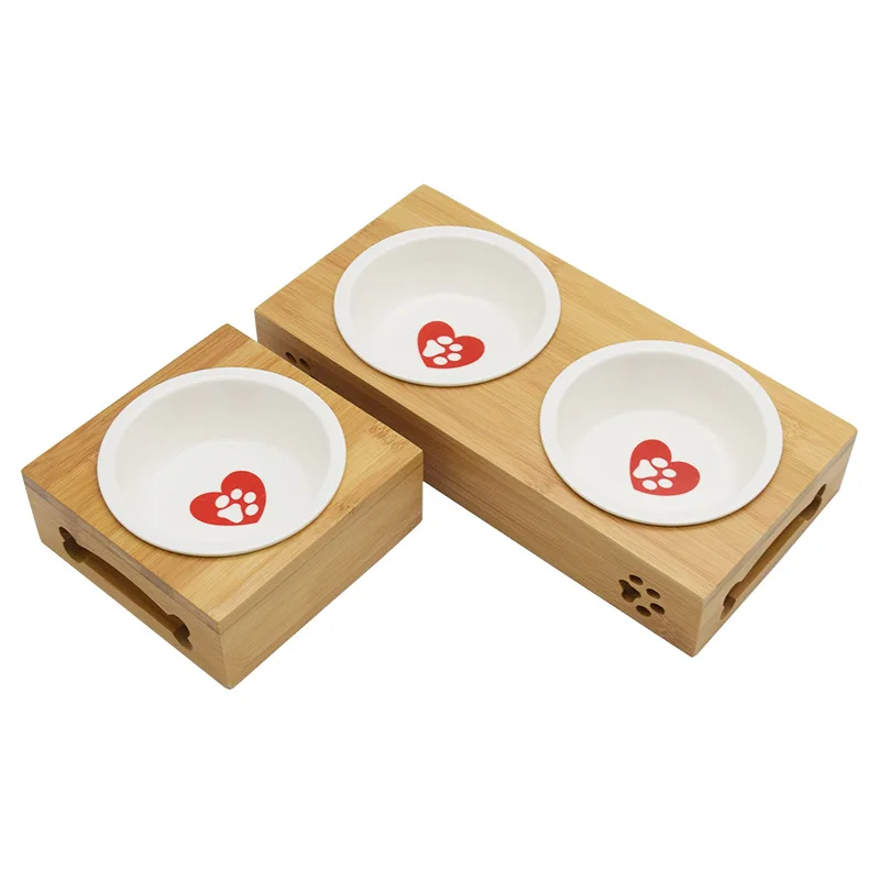 

New Pet Bowl for Dogs Cats Ceramic Bowl Bamboo Cat Food Bowl Pet Double Feeder Water Pet Dog Cat Supplies Feeding Container