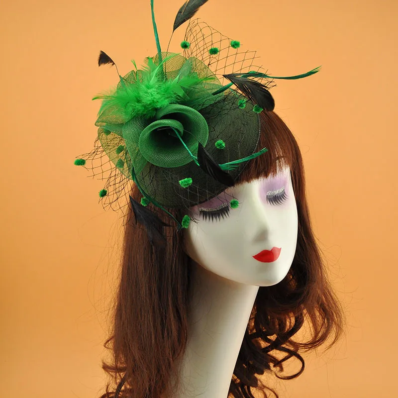 JaneVini, розовая вуаль с перьями, шляпка невесты, головной убор, Женский ободок-Вуалетка, Свадебная вечеринка, свадебная сетчатая шляпа с булавкой для волос, черный цвет - Цвет: Зеленый