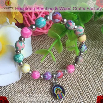 

10pcs/pack 6mm polymer clay bead elastic rosary bracelet with virgin guadalupe pendant for child