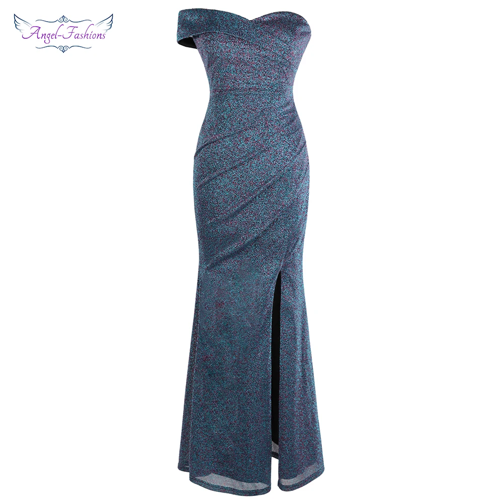 Angel-fashions Women's Elegant Evening Dresses Long Off Shoulder Pleated Slit Formal Party Gown Blue 443