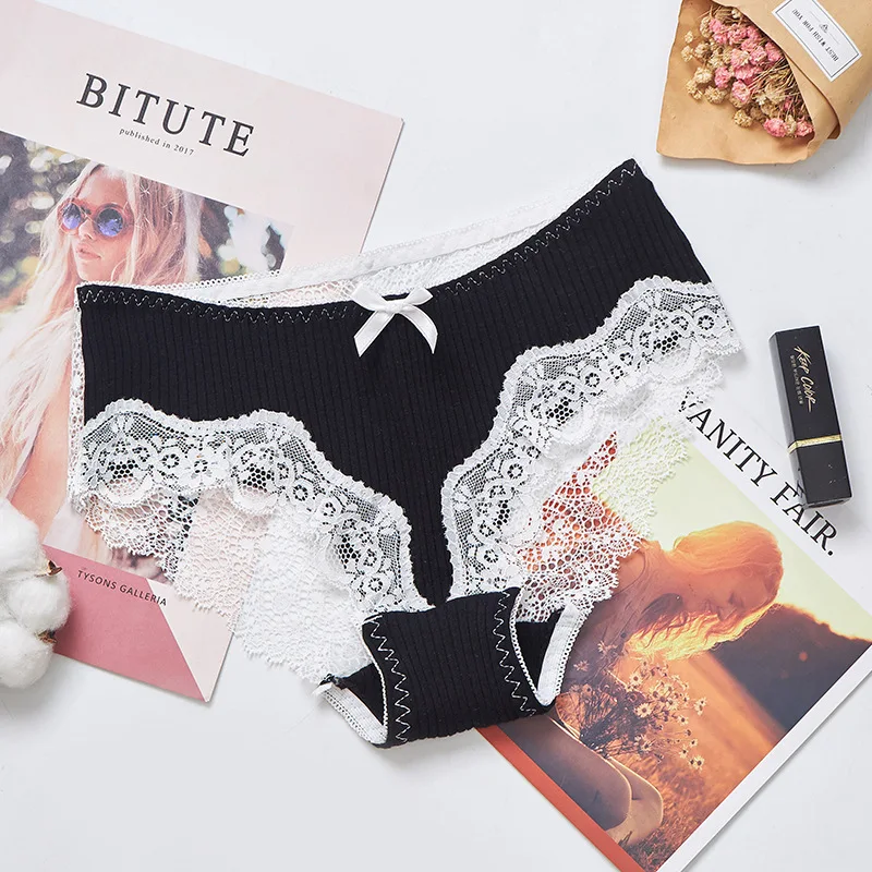 

Women's thread sexy transparent lace triangle underwear female middle waist bow cotton beautiful hip underwear