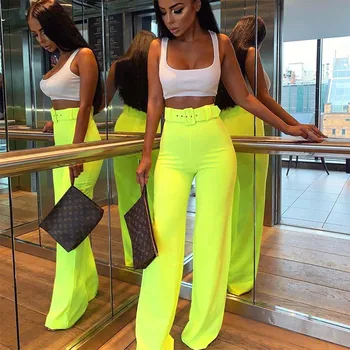 

Meyoung Elegant Summer Pants Wide Leg Pants Women Trousers High Waist Women Clothes Femme Mujer Ladies Streetwear Neon Sashes