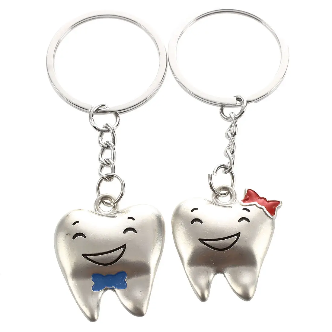 

Lovers Pair Bowtie Accent Cartoon Tooth Pendant Keyrings Keychains Silver Tone