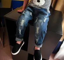 Autumn Winter New Kids Trousers Boys Hole Bottoms Velvet Jeans Children Baby Pants Demin Blue