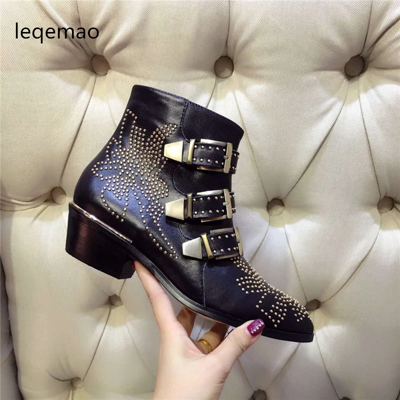 Hot Sale New Fashion Cool Women Sexy Rivets Buckle Ankle Boots High Quality Genuine Leather Med Square Heels Shoes Size 35-42