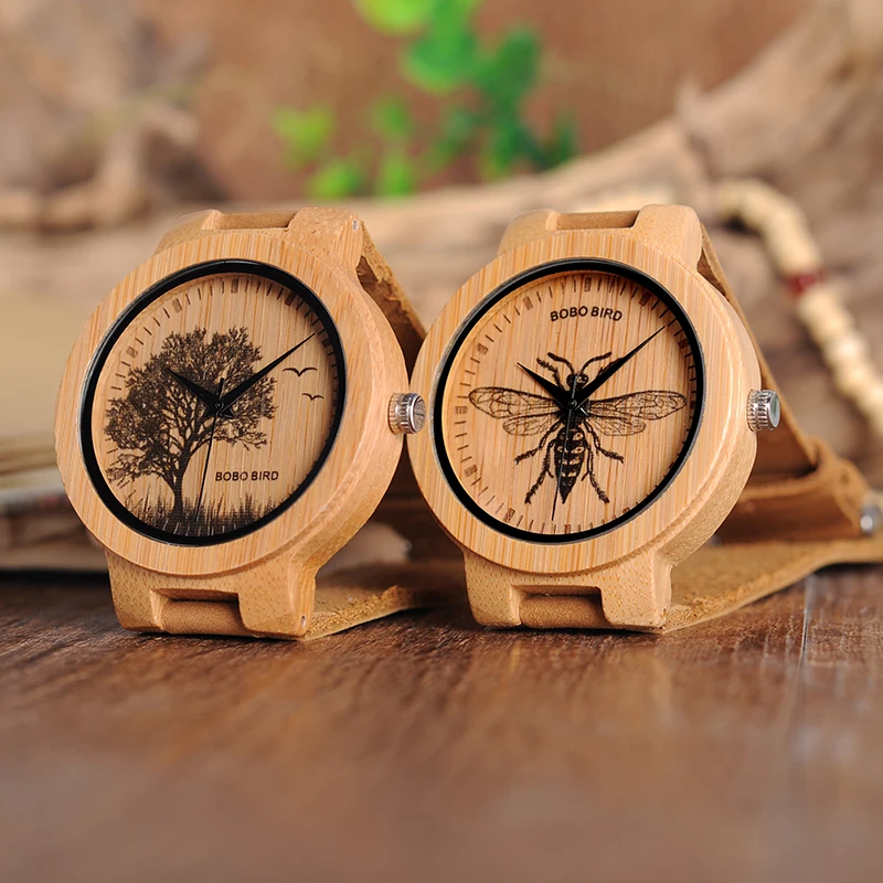 BOBO BIRD Simple Bamboo Watches 3D Print Icon Men Quartz Wristwatch with Leather Strap