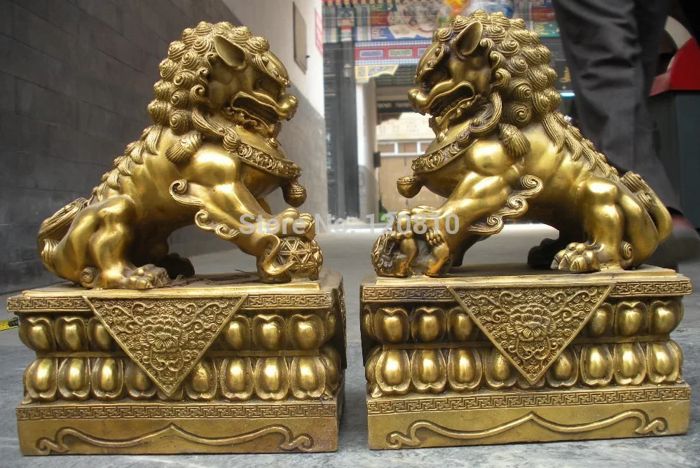 SCY China pure Brass Royal Palace Evil Guardian Door Foo Dog Lion pair statue | Дом и сад