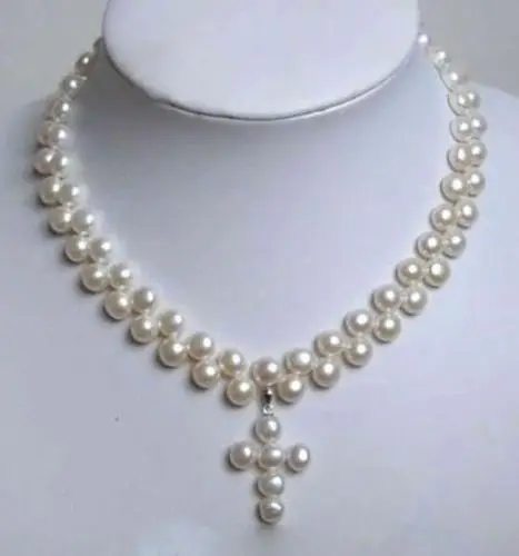 

shipping Charming 2 Rows White Akoya Cultured Pearl Cross Pendant Necklace 18
