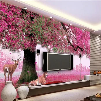 Fantasy big tree sika deer cherry red leaf TV background wall professional production wallpaper mural custom poster photo wall romantic mediterranean style background wall professional production mural wholesale wallpaper mural poster photo wall