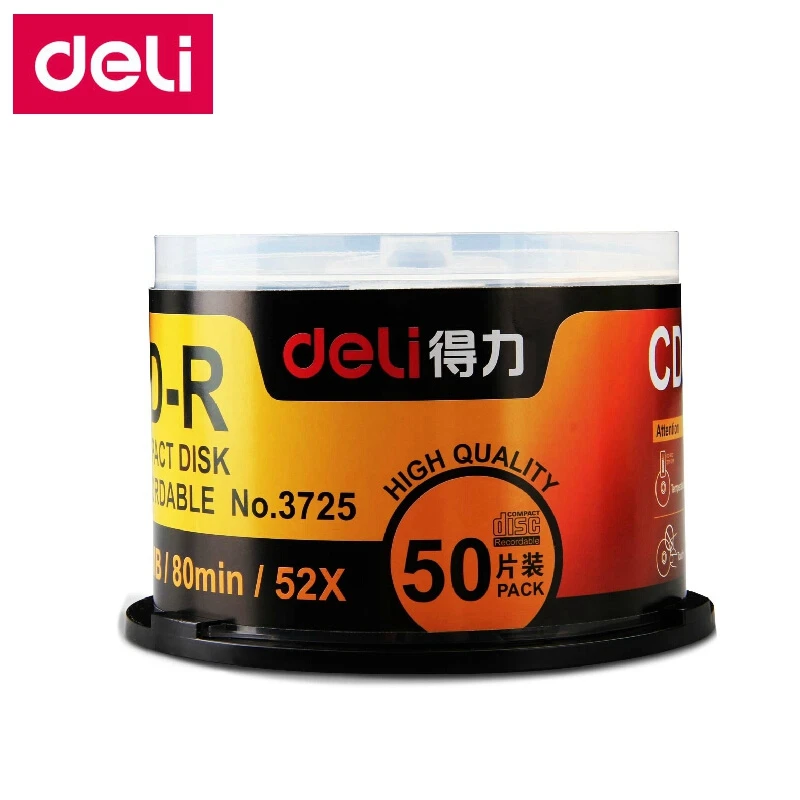 50 pièces/uno Full Box Deli 3725 CD-R disques vierges disques compacts enregistrables 700MB/80min/52x CD-R disques vierges