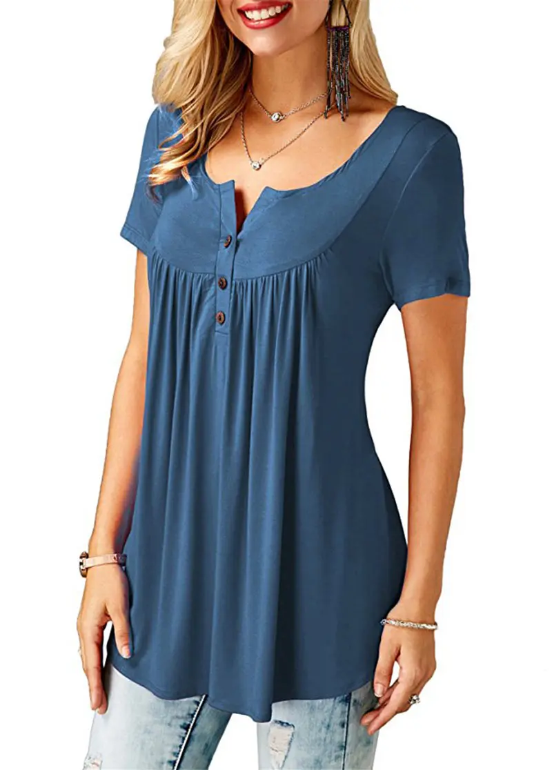 Women'S Summer Casual Short Sleeve T-Shirts Ruffle Button Up Split Neck Blouse Tunic Top Female 2018 Fashion Solid Loose Tees (20)