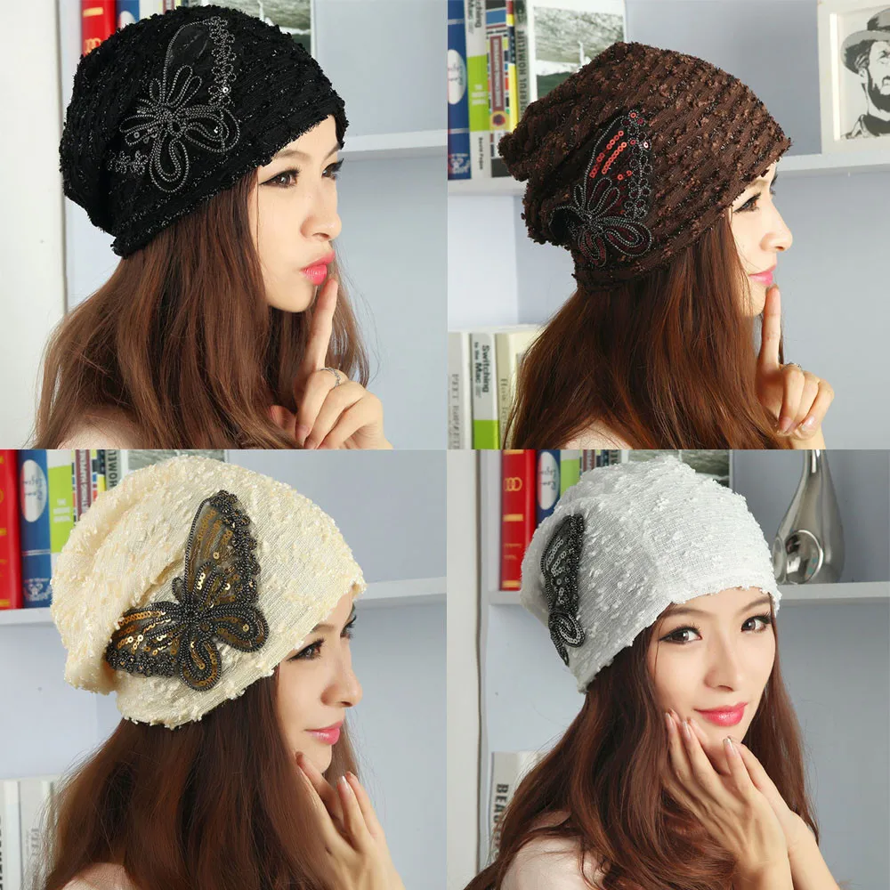 

2017 KLV Women's Winter hat Lace Butterfly Beanie Lady Skullies Turban Cap woman Chunky Baggy cap Skull#20