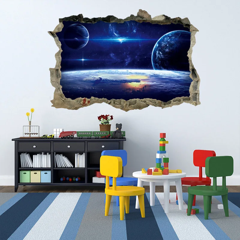 Us 6 15 12 Off Fundecor Cartoon Universe Space Wall Sticker Broke 3d Removable Wall Decals For Kids Room Children Bedroom Living Home Decor In