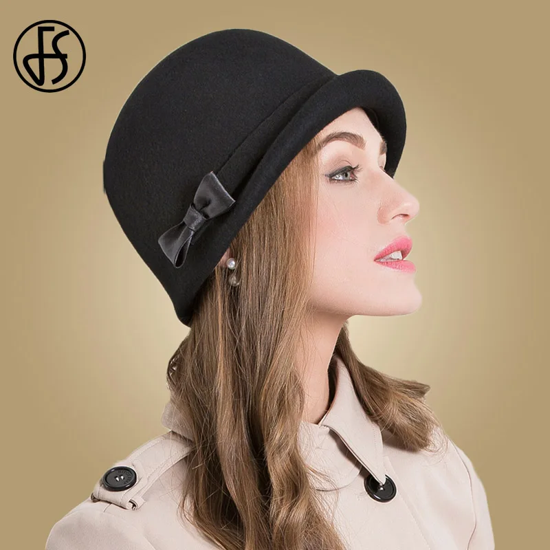 

2016 New Autumn And Winter Ear Protection Warm Black Bowknot Hemming Woolen Winter Hat Women's 100% Wool Felt Fedora Sweet Hat