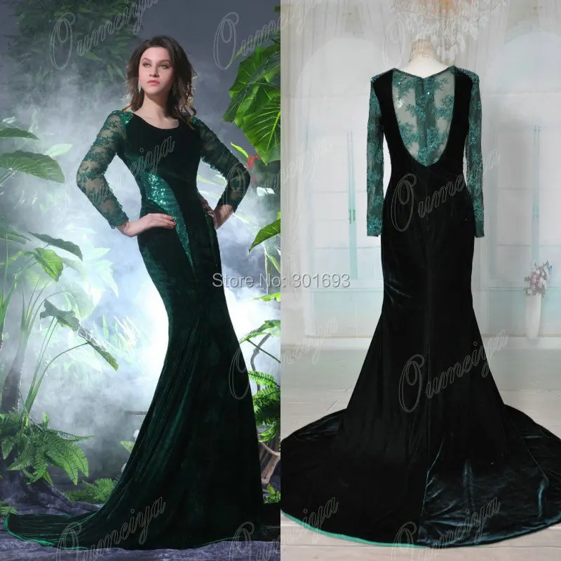 Oumeiya Real Sample ORP182 Elegant Velvet Long Sleeve Mermaid Emerald Green Prom Dresses Made in China | Свадьбы и торжества