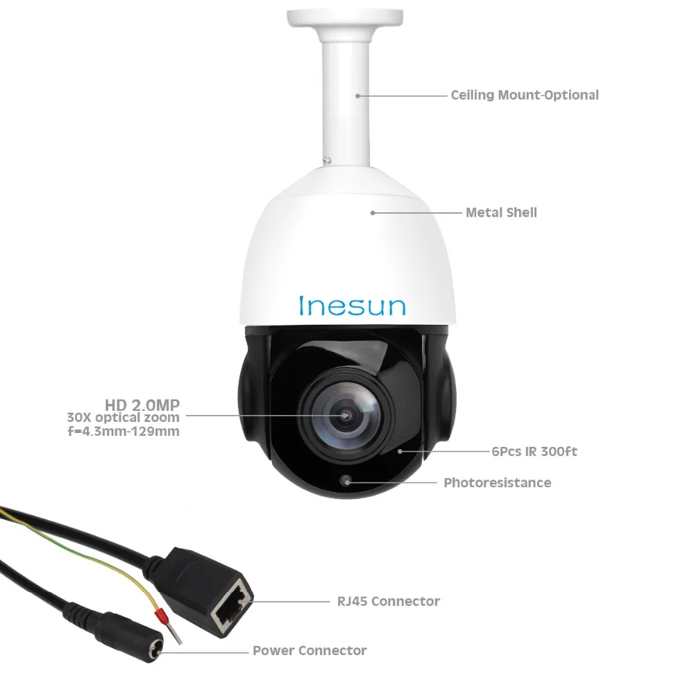 Уличная PTZ камера Inesun скоростная купольная IP с панорамированием наклоном и 30