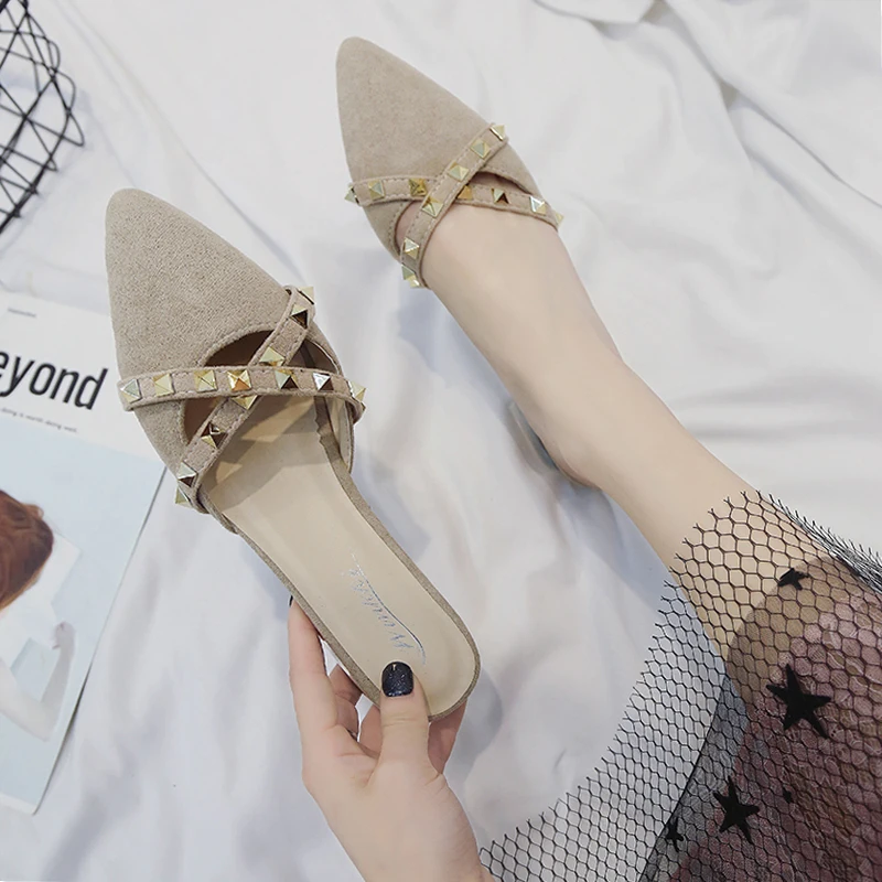 

korean style cross brand design mules shoes women rivets studs flock slippers ladies summer flip flops narrow band beach slides