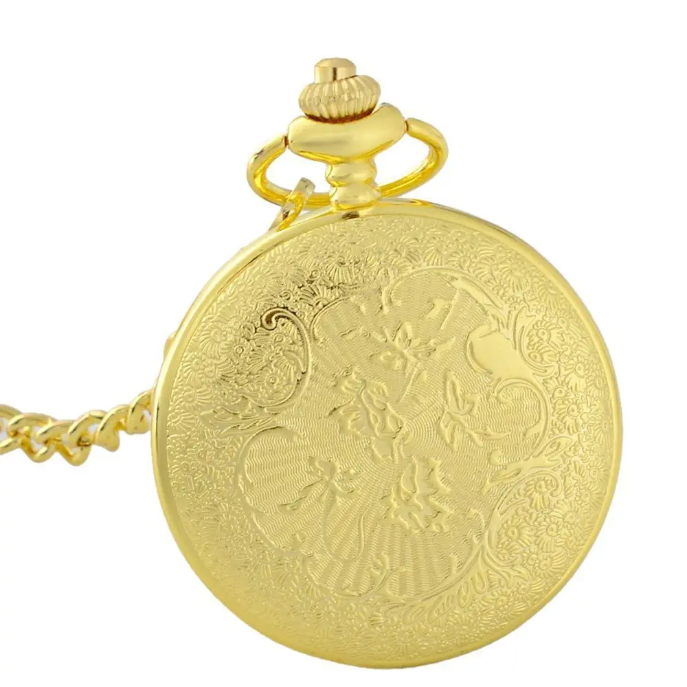 Золотые полые поверхности тема Полный Охотник кварцевые выгравированы Fob ретро кулон карманные часы цепи подарок