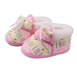 Зимняя детская обувь для новорожденных девочек и мальчиков с милым принтом, нескользящая теплая обувь для малышей, на шнуровке, 0-12 месяцев