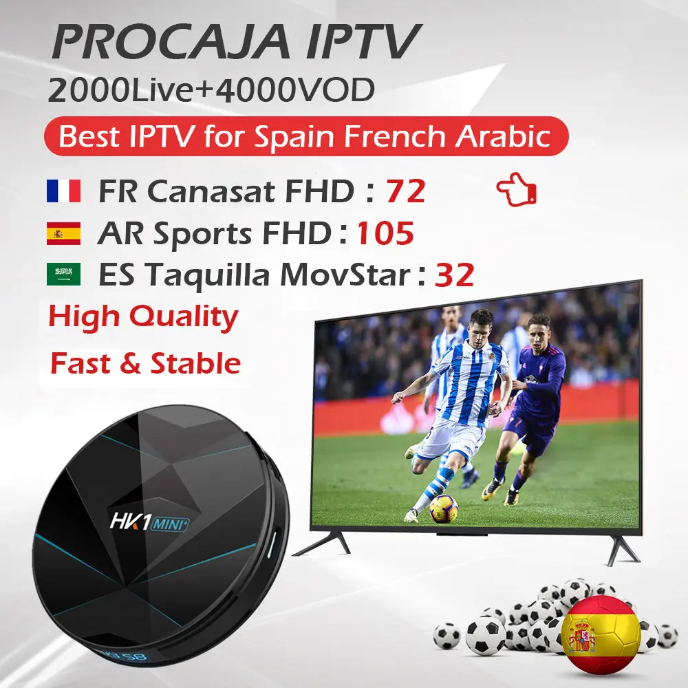 

Procaja IPTV Spain French Arabic IPTV+HK1Mini RK3328 Android 9.0 Smart TV Box Quad Core 4G/64G Dual Wifi 4k BT4.0 Set Top Box