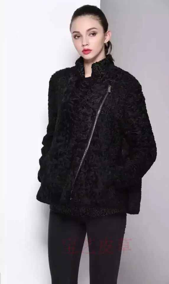 

2016 Newest style karakul sheep fur coat Persian lamb fur patchwork senior zipper jacket stand collar