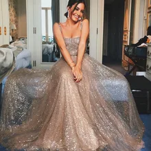 Блестящие платья для выпускного вечера из розового золота с блестками, сексуальные платья на тонких бретельках А-силуэта цвета шампанского, вечерние платья с блестками, Длинные вечерние платья