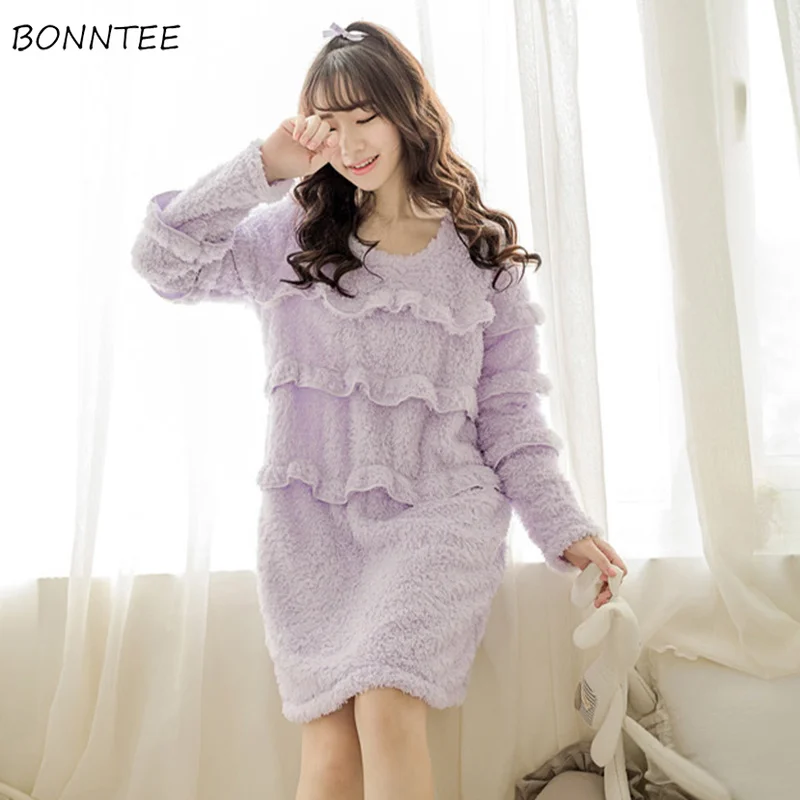 

Nightgowns Womens Winter Warm Flannel Homewear Soft Kawaii Women Solid Long Sleeve Nightdress Round Neck Chic Sleepwear Leisure