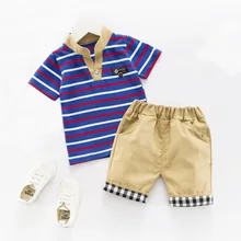 Комплекты одежды для маленьких мальчиков детская одежда в синюю и красную полоску для маленьких мальчиков рубашка в полоску с короткими рукавами, костюм для мальчиков, детская одежда