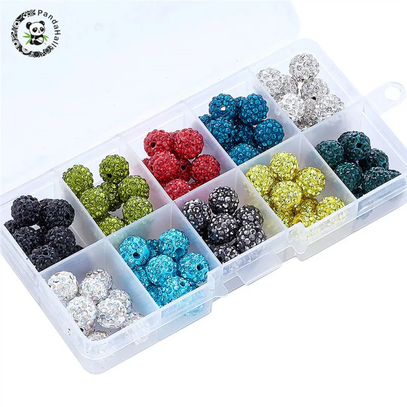 

PANDAHALL 10mm Round Polymer Clay Rhinestone Beads For Jewelry Making Mixed Color Hole: 2mm; about 10pcs/compartment 10color/box