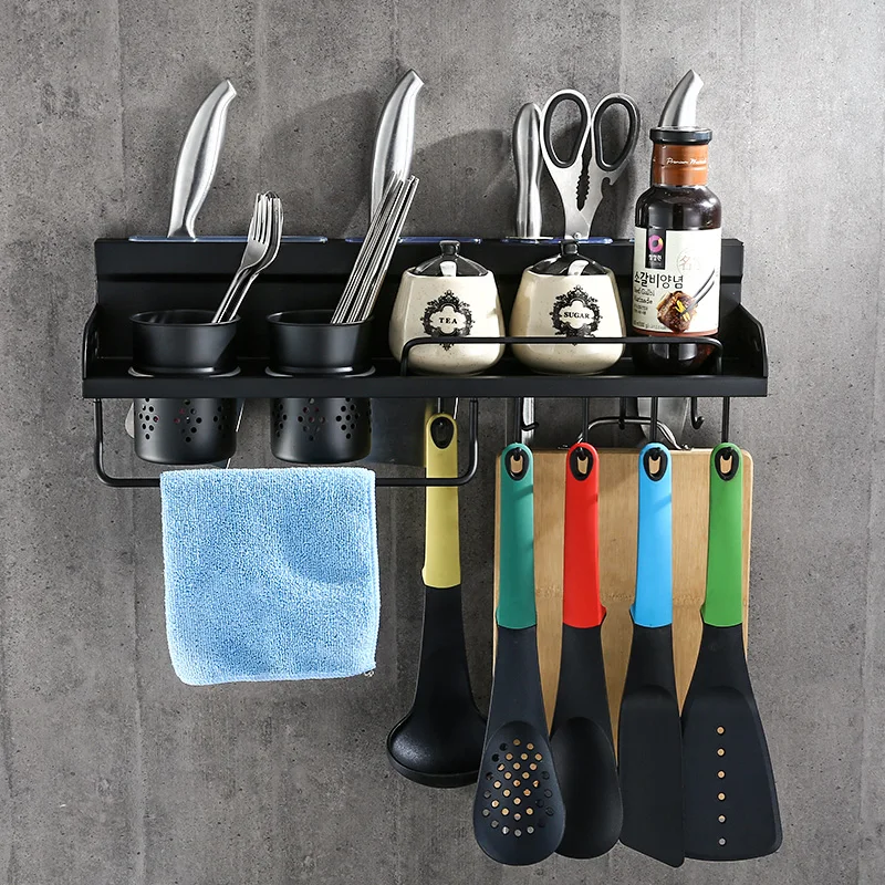  Non-perforated black kitchen shelf American 304 stainless steel kitchen pendant seasoning rack wall - 32871227514