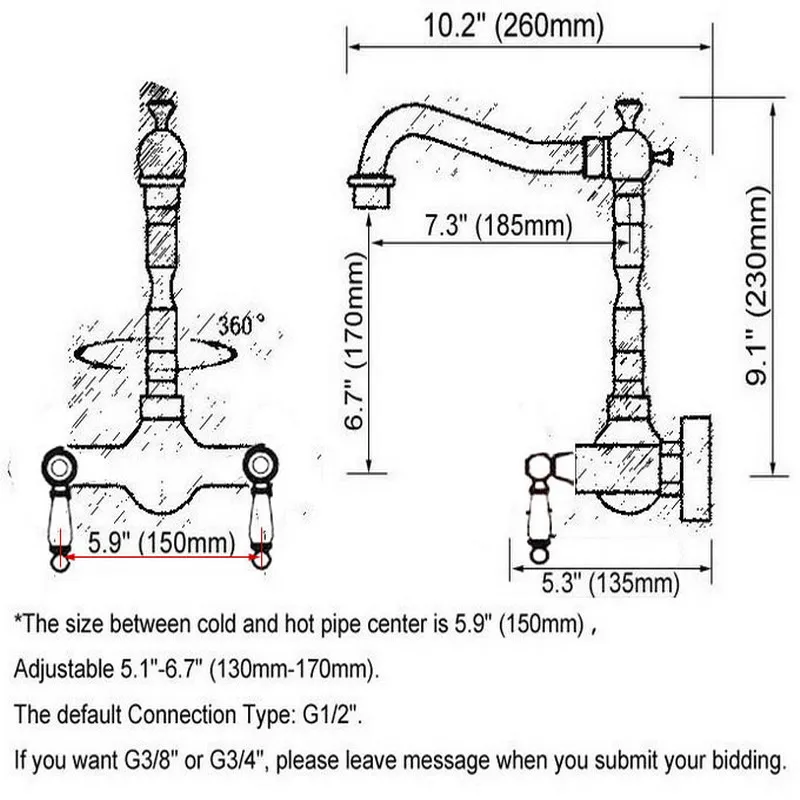 Antique Red Copper Two Ceramics handles Wall Mounted Kitchen Bathroom Vessel Sink Swivel Spout Faucet Water Tap arg032