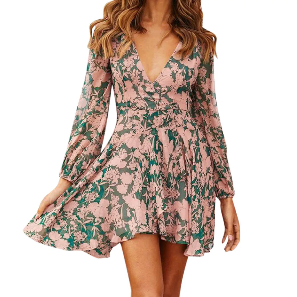 

Summer Floral Print Dress Women deep V-Neck Long Sleeve Dresses Party Beach Girls Sundress Mini Dress Vestidos#D10