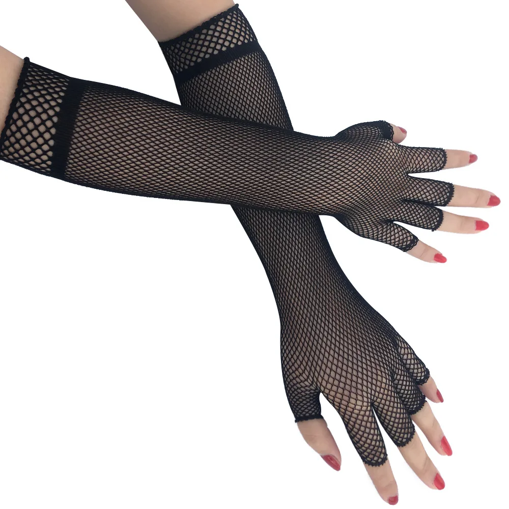 Модные и сексуальные женские сетчатые перчатки с полупальцами, элегантные длинные нейлоновые черные и белые вечерние перчатки для ночного клуба Guantes Mujer