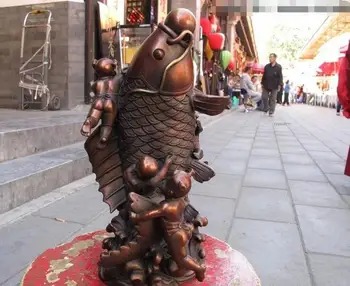 

12" China Copper Bronze Feng shui Lucky Five Children Boy Ride Cyprinoid Fish Statue