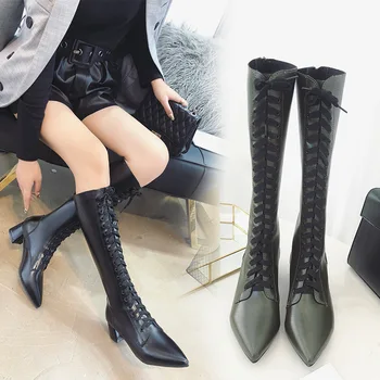 

Modis Lace-up knee-high martin boots women pointed toe thick heels fashion bottes warm back zip long botas winter shoes women