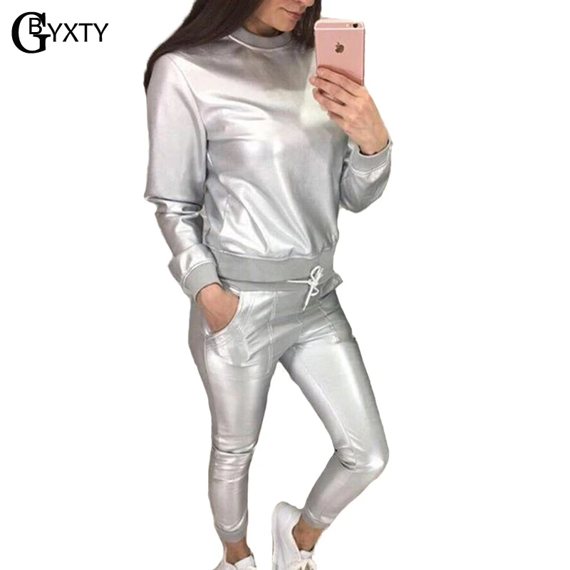 

GBYXTY Two Piece Sets Tops and Pants Metallic Color PU Leather Tracksuits Set Women Spring Autumn Long Sleeve Tops Set ZA494