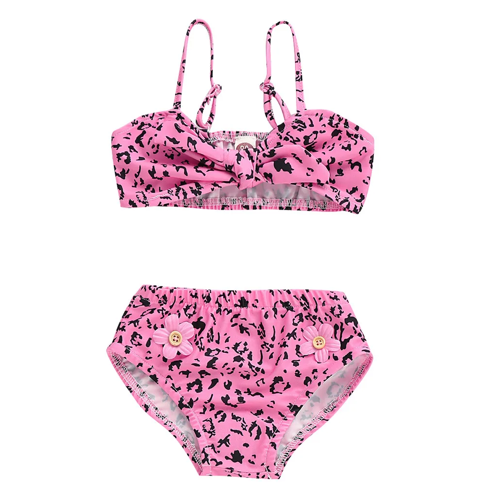 Детские купальники для девочек Дети полиэстер двух частей купальный костюм бикини пляж Leopard купальные костюмы с бантом Комплекты одежды K330 - Цвет: 6-12 Months
