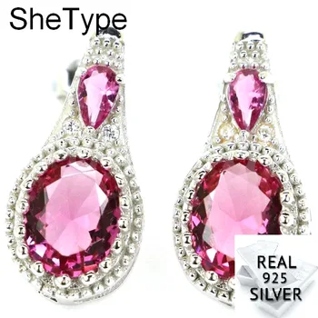 

SheType 5.0g Pink Tourmaline Aquamarine White Cubic Zirconia Gift For Woman's 925 Solid Sterling Silver Stud Earrings 22x10mm