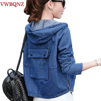 

Spring Autumn Women Cute Back Pocket Denim Jacket Short Outerwear Female Top Loose Hooded zip Baseball Coat Casual Jeans Jacket