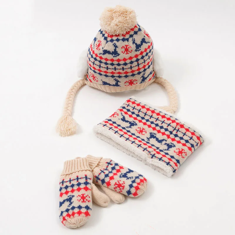 Kocotree/Новая модная детская вязаная шапка бини+ шарф+ перчатки, комплект из 3 предметов, зимние теплые мягкие шарфы с капюшоном для мальчиков и девочек 4-10 лет - Цвет: Бежевый